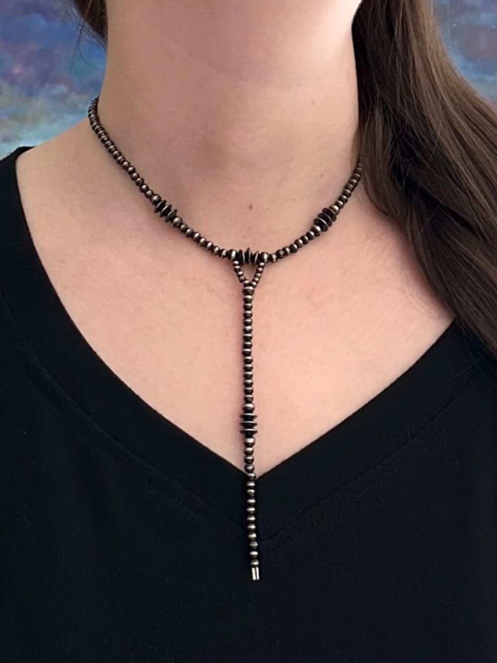 Handmade Triple Saucer Brushed Steel Western Pearl Lariat Choker Necklace 14"